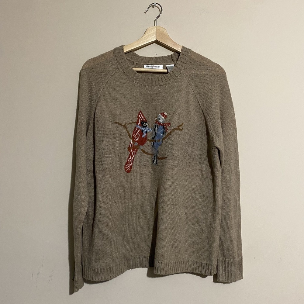 Hasting & Smith Women's Sweater Sz Large Winter Cardinal Bird Beige Y2K